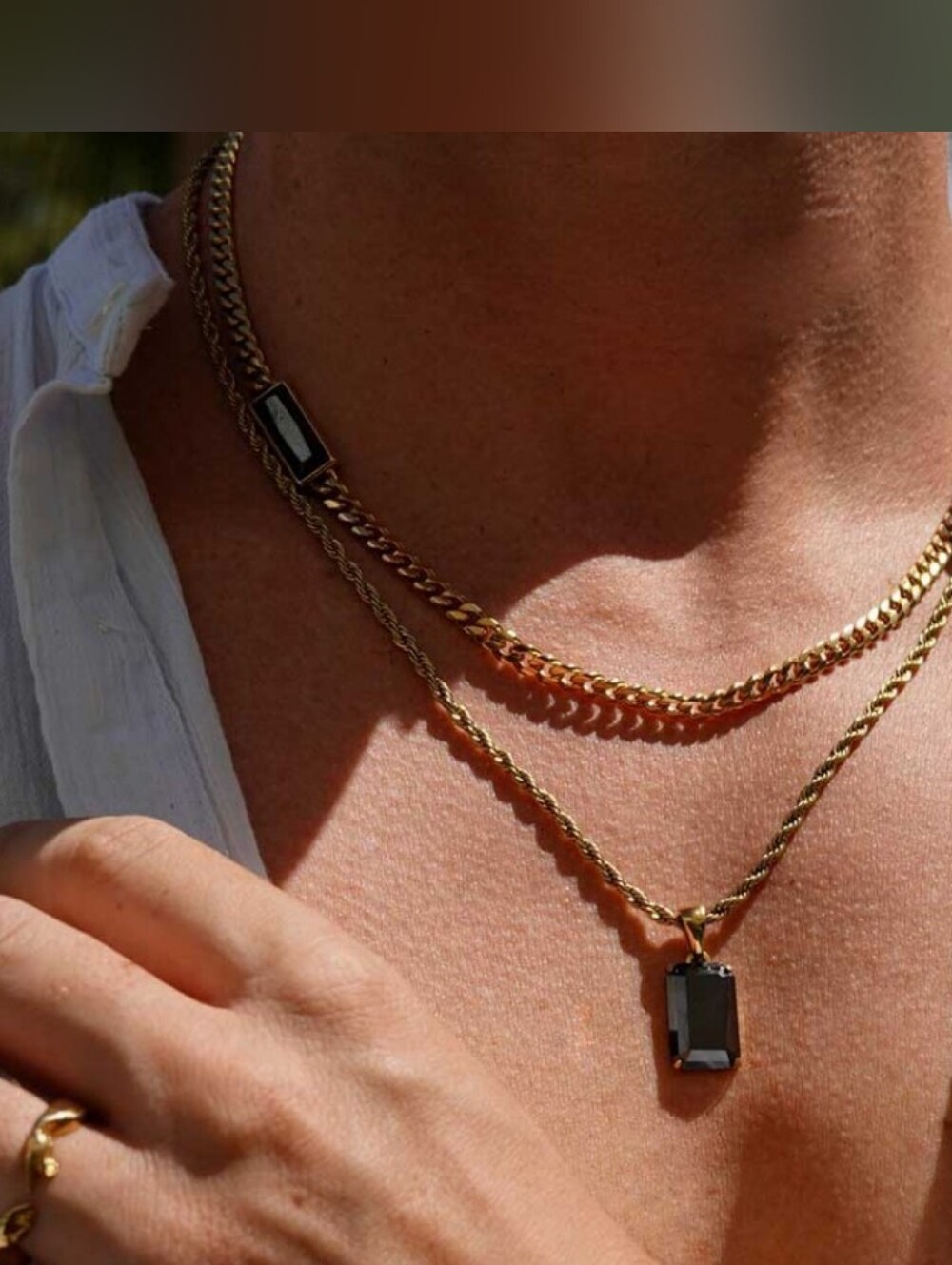 Gasper | Two Gold Layered Necklaces Set with Rectangular Onyx Stone Pendant